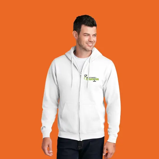 White zip-up hoodies · Bright Sweep Cleaning by Croma Custom Apparel